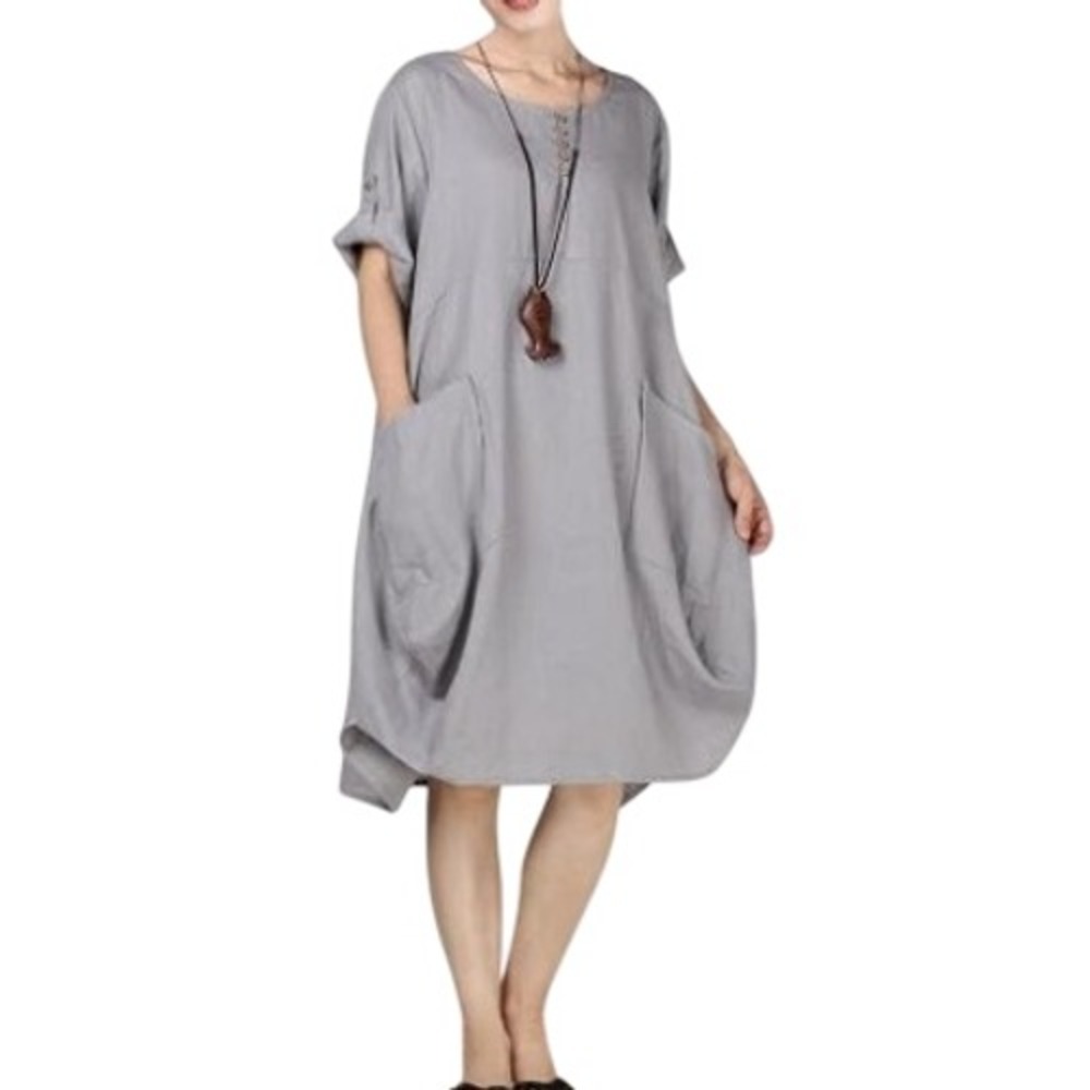 Minibee Womens Oversized Lagenlook Midi Dress 2XL Gray Linen Cotton Blend Boho